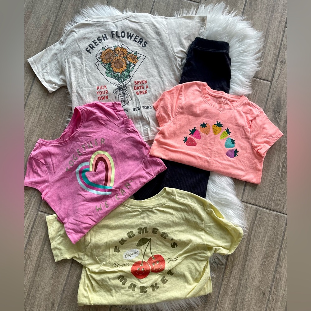 Girls' Pink & Coral Fruit Graphic Tees & Black Flare Leggings Size 8